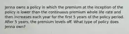 Jenna owns a policy in which the premium at the inception of the policy is lower than the continuous premium whole life rate and then increases each year for the first 5 years of the policy period. After 5 years, the premium levels off. What type of policy does Jenna own?