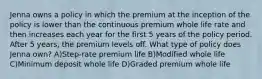 Jenna owns a policy in which the premium at the inception of the policy is lower than the continuous premium whole life rate and then increases each year for the first 5 years of the policy period. After 5 years, the premium levels off. What type of policy does Jenna own? A)Step-rate premium life B)Modified whole life C)Minimum deposit whole life D)Graded premium whole life