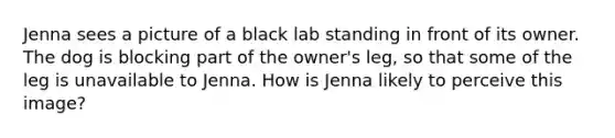 Jenna sees a picture of a black lab standing in front of its owner. The dog is blocking part of the owner's leg, so that some of the leg is unavailable to Jenna. How is Jenna likely to perceive this image?