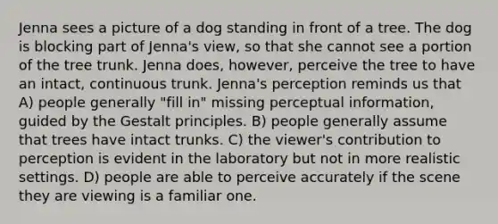 Jenna sees a picture of a dog standing in front of a tree. The dog is blocking part of Jenna's view, so that she cannot see a portion of the tree trunk. Jenna does, however, perceive the tree to have an intact, continuous trunk. Jenna's perception reminds us that A) people generally "fill in" missing perceptual information, guided by the Gestalt principles. B) people generally assume that trees have intact trunks. C) the viewer's contribution to perception is evident in the laboratory but not in more realistic settings. D) people are able to perceive accurately if the scene they are viewing is a familiar one.