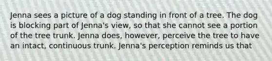 Jenna sees a picture of a dog standing in front of a tree. The dog is blocking part of Jenna's view, so that she cannot see a portion of the tree trunk. Jenna does, however, perceive the tree to have an intact, continuous trunk. Jenna's perception reminds us that