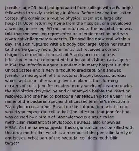 Jennifer, age 23, had just graduated from college with a Fulbright fellowship to study sociology in Africa. Before leaving the United States, she obtained a routine physical exam at a large city hospital. Upon returning home from the hospital, she developed a swelling in her leg. When she returned to the hospital, she was told that the swelling represented an allergic reaction and was given anti-inflammatory agents. The swelling grew and within a day, the skin ruptured with a bloody discharge. Upon her return to the emergency room, Jennifer at last received a correct diagnosis of methicillin-resistant Staphylococcus aureus infection. A nurse commented that hospital visitors can acquire MRSA; the infectious agent is endemic in many hospitals in the United States and is very difficult to eradicate. She showed Jennifer a micrograph of the bacteria, Staphylococcus aureus, which septate in alternating division planes, thus forming clusters of cells. Jennifer required many weeks of treatment with the antibiotics doxycycline and clindamycin before the infection resolved, and she had to postpone her fellowship for a year. The name of the bacterial species that caused Jennifer's infection is Staphylococcus aureus. Based on this information, what shape would you expect the cell to be? The infection that Jennifer had was caused by a strain of Staphylococcus aureus called methicillin-resistant Staphylococcus aureus, also known as MRSA. As the name suggests, this organism cannot be killed with the drug methicillin, which is a member of the penicillin family of antibiotics. What part of the bacterial cell does methicillin target?
