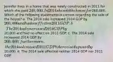 Jennifer lives in a home that was newly constructed in 2011 for which she paid 240,000. In 2014 she sold the house for260,000. Which of the following statements is correct regarding the sale of the house? a. The 2014 sale increased 2014 GDP by 260,000 and had no effect on 2011 GDP. b. The 2014 sale increased 2014 GDP by20,000 and had no effect on 2011 GDP. c. The 2014 sale increased 2014 GDP by 260,000; furthermore, the 2014 sale caused 2011 GDP to be revised upward by20,000. d. The 2014 sale affected neither 2014 GDP nor 2011 GDP.