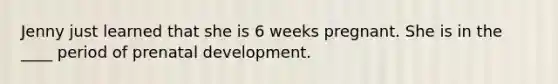 Jenny just learned that she is 6 weeks pregnant. She is in the ____ period of prenatal development.