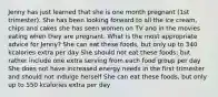 Jenny has just learned that she is one month pregnant (1st trimester). She has been looking forward to all the ice cream, chips and cakes she has seen women on TV and in the movies eating when they are pregnant. What is the most appropriate advice for Jenny? She can eat these foods, but only up to 340 kcalories extra per day She should not eat these foods; but rather include one extra serving from each food group per day She does not have increased energy needs in the first trimester and should not indulge herself She can eat these foods, but only up to 550 kcalories extra per day