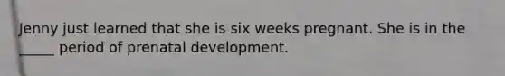 Jenny just learned that she is six weeks pregnant. She is in the _____ period of prenatal development.