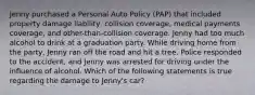 Jenny purchased a Personal Auto Policy (PAP) that included property damage liability, collision coverage, medical payments coverage, and other-than-collision coverage. Jenny had too much alcohol to drink at a graduation party. While driving home from the party, Jenny ran off the road and hit a tree. Police responded to the accident, and Jenny was arrested for driving under the influence of alcohol. Which of the following statements is true regarding the damage to Jenny's car?