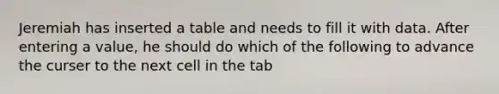 Jeremiah has inserted a table and needs to fill it with data. After entering a value, he should do which of the following to advance the curser to the next cell in the tab