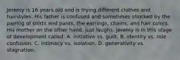 Jeremy is 16 years old and is trying different clothes and hairstyles. His father is confused and sometimes shocked by the pairing of shirts and pants, the earrings, chains, and hair colors. His mother on the other hand, just laughs. Jeremy is in this stage of development called: A. initiative vs. guilt. B. identity vs. role confusion. C. intimacy vs. isolation. D. generativity vs. stagnation.