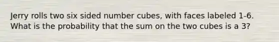 Jerry rolls two six sided number cubes, with faces labeled 1-6. What is the probability that the sum on the two cubes is a 3?