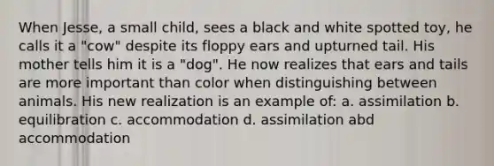 When Jesse, a small child, sees a black and white spotted toy, he calls it a "cow" despite its floppy ears and upturned tail. His mother tells him it is a "dog". He now realizes that ears and tails are more important than color when distinguishing between animals. His new realization is an example of: a. assimilation b. equilibration c. accommodation d. assimilation abd accommodation