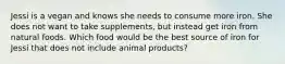 Jessi is a vegan and knows she needs to consume more iron. She does not want to take supplements, but instead get iron from natural foods. Which food would be the best source of iron for Jessi that does not include animal products?