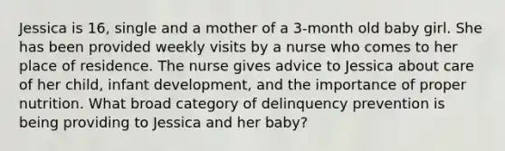 Jessica is 16, single and a mother of a 3-month old baby girl. She has been provided weekly visits by a nurse who comes to her place of residence. The nurse gives advice to Jessica about care of her child, infant development, and the importance of proper nutrition. What broad category of delinquency prevention is being providing to Jessica and her baby?