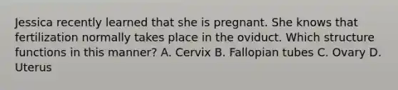 Jessica recently learned that she is pregnant. She knows that fertilization normally takes place in the oviduct. Which structure functions in this manner? A. Cervix B. Fallopian tubes C. Ovary D. Uterus