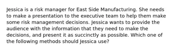 Jessica is a risk manager for East Side Manufacturing. She needs to make a presentation to the executive team to help them make some risk management decisions. Jessica wants to provide the audience with the information that they need to make the decisions, and present it as succinctly as possible. Which one of the following methods should Jessica use?