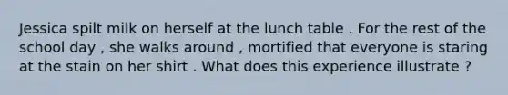 Jessica spilt milk on herself at the lunch table . For the rest of the school day , she walks around , mortified that everyone is staring at the stain on her shirt . What does this experience illustrate ?