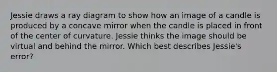 Jessie draws a ray diagram to show how an image of a candle is produced by a concave mirror when the candle is placed in front of the center of curvature. Jessie thinks the image should be virtual and behind the mirror. Which best describes Jessie's error?