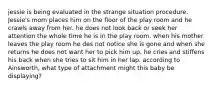 jessie is being evaluated in the strange situation procedure. Jessie's mom places him on the floor of the play room and he crawls away from her. he does not look back or seek her attention the whole time he is in the play room. when his mother leaves the play room he des not notice she is gone and when she returns he does not want her to pick him up. he cries and stiffens his back when she tries to sit him in her lap. according to Ainsworth, what type of attachment might this baby be displaying?