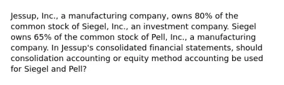 Jessup, Inc., a manufacturing company, owns 80% of the common stock of Siegel, Inc., an investment company. Siegel owns 65% of the common stock of Pell, Inc., a manufacturing company. In Jessup's consolidated financial statements, should consolidation accounting or equity method accounting be used for Siegel and Pell?