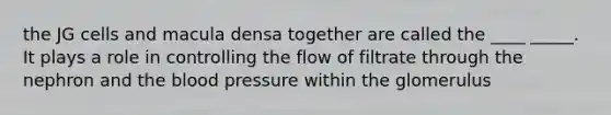 the JG cells and macula densa together are called the ____ _____. It plays a role in controlling the flow of filtrate through the nephron and <a href='https://www.questionai.com/knowledge/k7oXMfj7lk-the-blood' class='anchor-knowledge'>the blood</a> pressure within the glomerulus