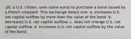 .Jill, a U.S. citizen, uses some euros to purchase a bond issued by a French vineyard. This exchange Select one: a. increases U.S. net capital outflow by more than the value of the bond. b. decreases U.S. net capital outflow. c. does not change U.S. net capital outflow. d. increases U.S. net capital outflow by the value of the bond.