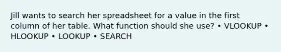 Jill wants to search her spreadsheet for a value in the first column of her table. What function should she use? • VLOOKUP • HLOOKUP • LOOKUP • SEARCH