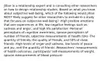 Jillian is a relationship expert and is consulting other researchers on how to design relationship studies. Based on what you know about subjective well-being, which of the following would Jillian MOST likely suggest for other researchers to include in a study that focuses on subjective well-being? -High positive emotions that one experiences in life, low negative feelings such as sadness and anger, and high life satisfaction -Personal perceptions of cognitive awareness, spouse perceptions of number of friends, objective measurements of health risks -The quantity of friends, the quality of friends, and SES of close friends -High levels of anger and sadness, low levels of peace and joy, and the quantity of friends -Researchers' measurements of health outcomes, participants' self-measurements of weight, spouse measurements of blood pressure