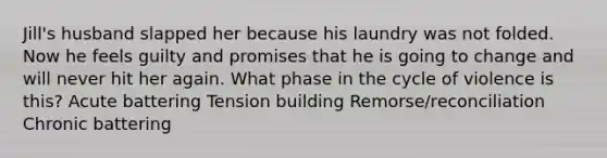 Jill's husband slapped her because his laundry was not folded. Now he feels guilty and promises that he is going to change and will never hit her again. What phase in the cycle of violence is this? Acute battering Tension building Remorse/reconciliation Chronic battering