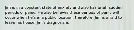 Jim is in a constant state of anxiety and also has brief, sudden periods of panic. He also believes these periods of panic will occur when he's in a public location; therefore, Jim is afraid to leave his house. Jim's diagnosis is