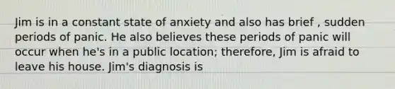 Jim is in a constant state of anxiety and also has brief , sudden periods of panic. He also believes these periods of panic will occur when he's in a public location; therefore, Jim is afraid to leave his house. Jim's diagnosis is