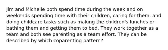 Jim and Michelle both spend time during the week and on weekends spending time with their children, caring for them, and doing childcare tasks such as making the children's lunches or bathing them and getting them to bed. They work together as a team and both see parenting as a team effort. They can be described by which coparenting pattern?