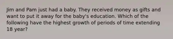 Jim and Pam just had a baby. They received money as gifts and want to put it away for the baby's education. Which of the following have the highest growth of periods of time extending 18 year?