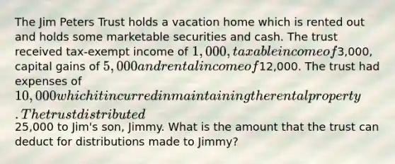 The Jim Peters Trust holds a vacation home which is rented out and holds some marketable securities and cash. The trust received tax-exempt income of 1,000, taxable income of3,000, capital gains of 5,000 and rental income of12,000. The trust had expenses of 10,000 which it incurred in maintaining the rental property. The trust distributed25,000 to Jim's son, Jimmy. What is the amount that the trust can deduct for distributions made to Jimmy?