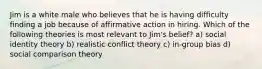 Jim is a white male who believes that he is having difficulty finding a job because of affirmative action in hiring. Which of the following theories is most relevant to Jim's belief? a) social identity theory b) realistic conflict theory c) in-group bias d) social comparison theory