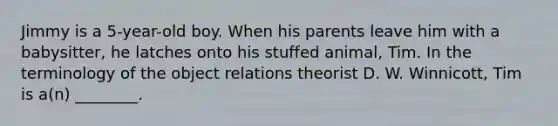 Jimmy is a 5-year-old boy. When his parents leave him with a babysitter, he latches onto his stuffed animal, Tim. In the terminology of the object relations theorist D. W. Winnicott, Tim is a(n) ________.