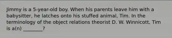 Jimmy is a 5-year-old boy. When his parents leave him with a babysitter, he latches onto his stuffed animal, Tim. In the terminology of the object relations theorist D. W. Winnicott, Tim is a(n) ________?