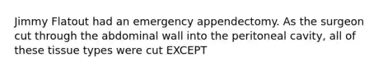 Jimmy Flatout had an emergency appendectomy. As the surgeon cut through the abdominal wall into the peritoneal cavity, all of these tissue types were cut EXCEPT