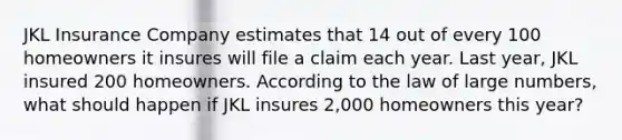 JKL Insurance Company estimates that 14 out of every 100 homeowners it insures will file a claim each year. Last year, JKL insured 200 homeowners. According to the law of large numbers, what should happen if JKL insures 2,000 homeowners this year?