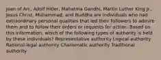 Joan of Arc, Adolf Hitler, Mahatma Gandhi, Martin Luther King Jr., Jesus Christ, Muhammad, and Buddha are individuals who had extraordinary personal qualities that led their followers to admire them and to follow their orders or requests for action. Based on this information, which of the following types of authority is held by these individuals? Representative authority Logical authority Rational-legal authority Charismatic authority Traditional authority