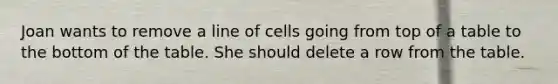 Joan wants to remove a line of cells going from top of a table to the bottom of the table. She should delete a row from the table.