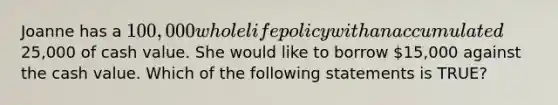 Joanne has a 100,000 whole life policy with an accumulated25,000 of cash value. She would like to borrow 15,000 against the cash value. Which of the following statements is TRUE?