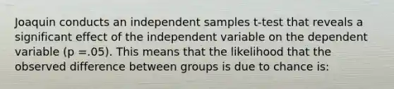 Joaquin conducts an independent samples t-test that reveals a significant effect of the independent variable on the dependent variable (p =.05). This means that the likelihood that the observed difference between groups is due to chance is: