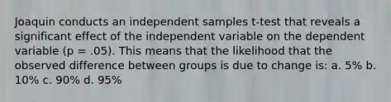 Joaquin conducts an independent samples t-test that reveals a significant effect of the independent variable on the dependent variable (p = .05). This means that the likelihood that the observed difference between groups is due to change is: a. 5% b. 10% c. 90% d. 95%