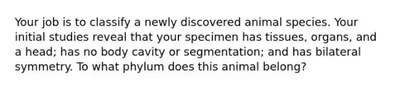 Your job is to classify a newly discovered animal species. Your initial studies reveal that your specimen has tissues, organs, and a head; has no body cavity or segmentation; and has bilateral symmetry. To what phylum does this animal belong?