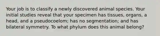 Your job is to classify a newly discovered animal species. Your initial studies reveal that your specimen has tissues, organs, a head, and a pseudocoelom; has no segmentation; and has bilateral symmetry. To what phylum does this animal belong?