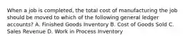 When a job is​ completed, the total cost of manufacturing the job should be moved to which of the following general ledger​ accounts? A. Finished Goods Inventory B. Cost of Goods Sold C. Sales Revenue D. Work in Process Inventory