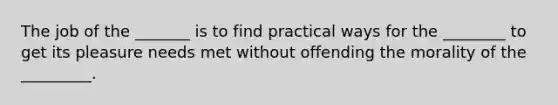 The job of the _______ is to find practical ways for the ________ to get its pleasure needs met without offending the morality of the _________.