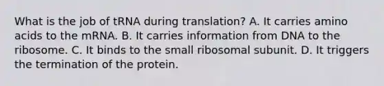 What is the job of tRNA during translation? A. It carries amino acids to the mRNA. B. It carries information from DNA to the ribosome. C. It binds to the small ribosomal subunit. D. It triggers the termination of the protein.