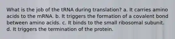 What is the job of the tRNA during translation? a. It carries amino acids to the mRNA. b. It triggers the formation of a covalent bond between amino acids. c. It binds to the small ribosomal subunit. d. It triggers the termination of the protein.