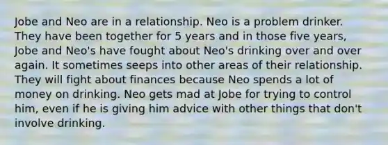 Jobe and Neo are in a relationship. Neo is a problem drinker. They have been together for 5 years and in those five years, Jobe and Neo's have fought about Neo's drinking over and over again. It sometimes seeps into other areas of their relationship. They will fight about finances because Neo spends a lot of money on drinking. Neo gets mad at Jobe for trying to control him, even if he is giving him advice with other things that don't involve drinking.